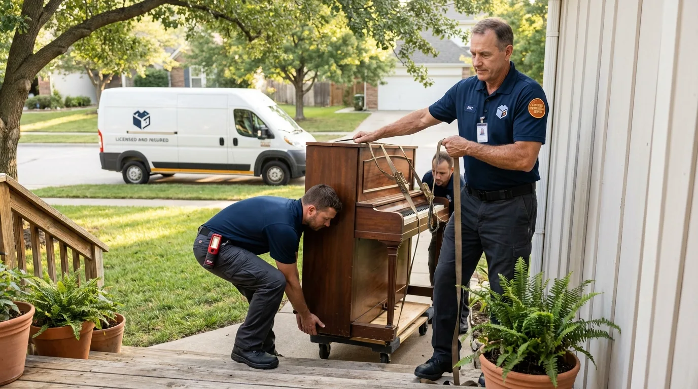 Licensed piano movers securing grand piano in Macclenny, FL